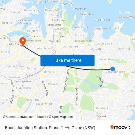 Bondi Junction Station, Stand F to Glebe (NSW) map