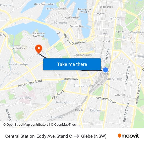 Central Station, Eddy Ave, Stand C to Glebe (NSW) map