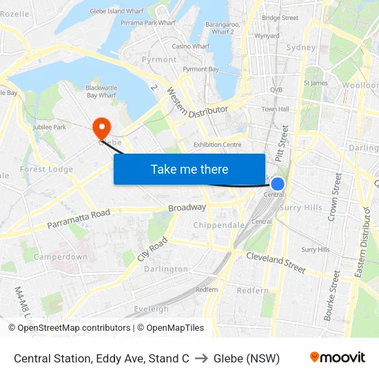 Central Station, Eddy Ave, Stand C to Glebe (NSW) map
