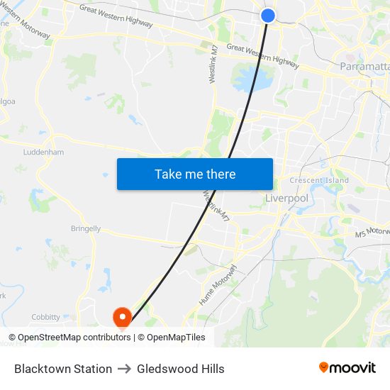 Blacktown Station to Gledswood Hills map