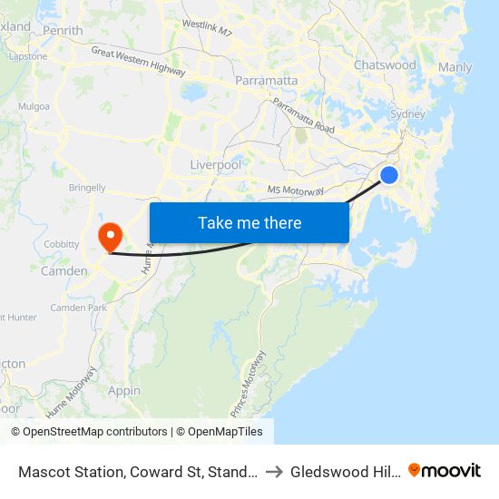 Mascot Station, Coward St, Stand A to Gledswood Hills map