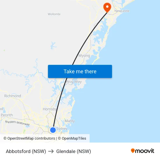 Abbotsford (NSW) to Glendale (NSW) map
