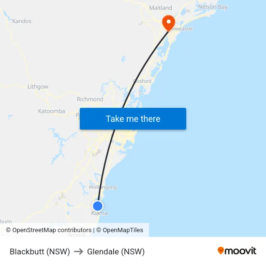 Blackbutt (NSW) to Glendale (NSW) map