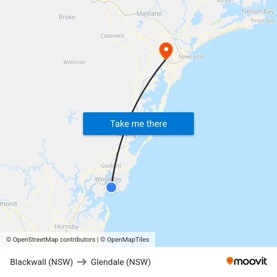 Blackwall (NSW) to Glendale (NSW) map