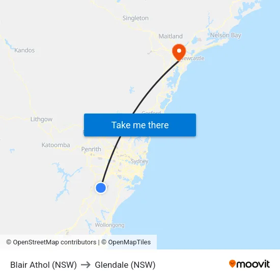 Blair Athol (NSW) to Glendale (NSW) map