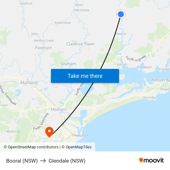 Booral (NSW) to Glendale (NSW) map