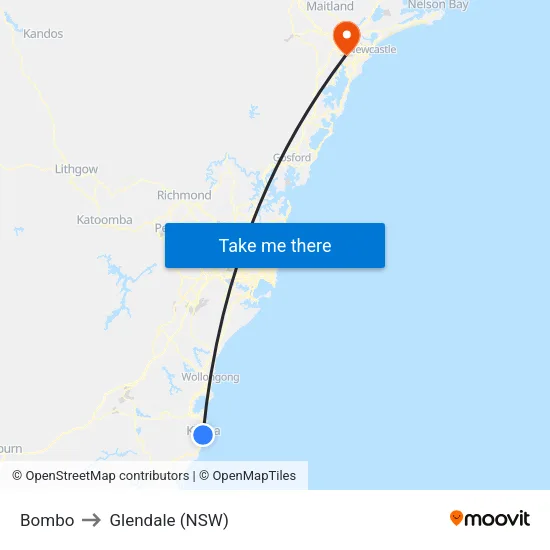 Bombo to Glendale (NSW) map