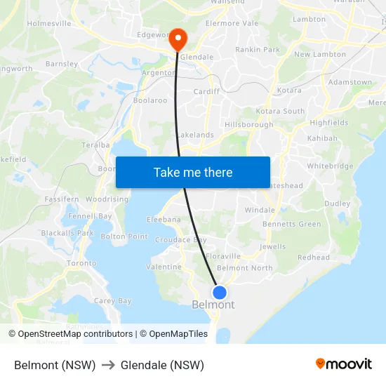 Belmont (NSW) to Glendale (NSW) map