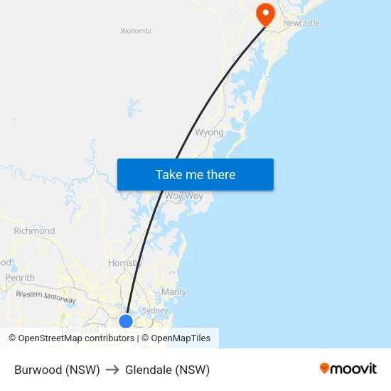 Burwood (NSW) to Glendale (NSW) map