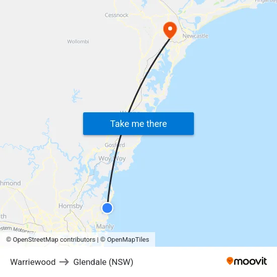Warriewood to Glendale (NSW) map