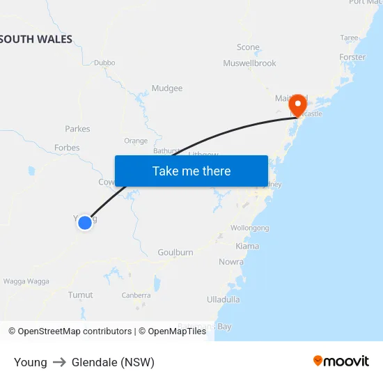 Young to Glendale (NSW) map