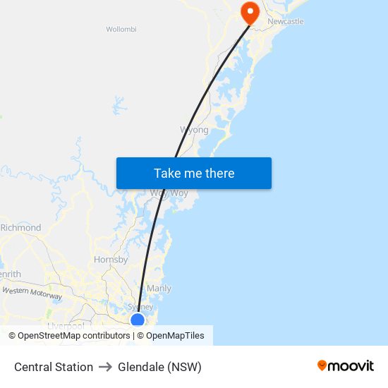 Central Station to Glendale (NSW) map