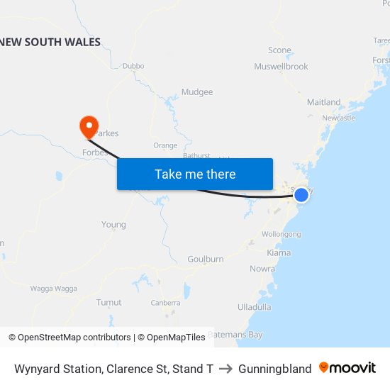 Wynyard Station, Clarence St, Stand T to Gunningbland map