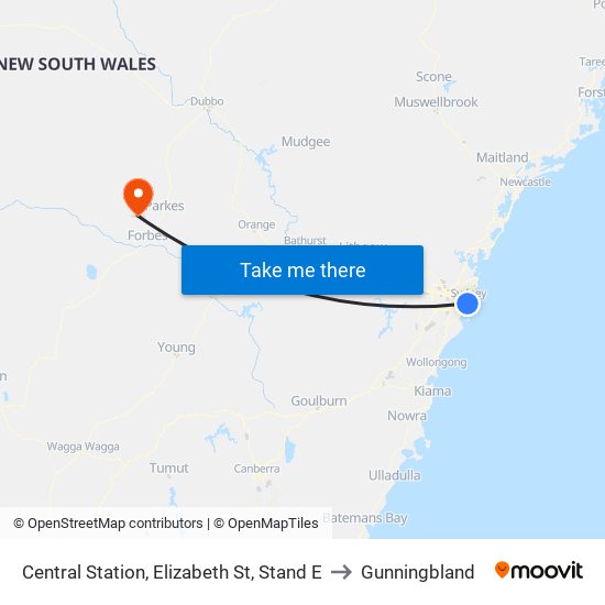 Central Station, Elizabeth St, Stand E to Gunningbland map