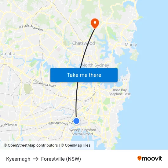 Kyeemagh to Forestville (NSW) map