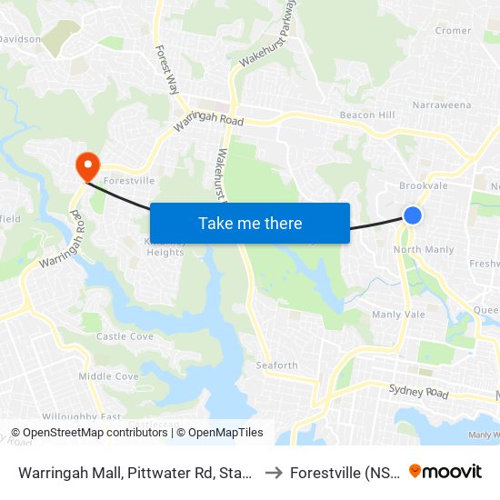 Warringah Mall, Pittwater Rd, Stand B to Forestville (NSW) map