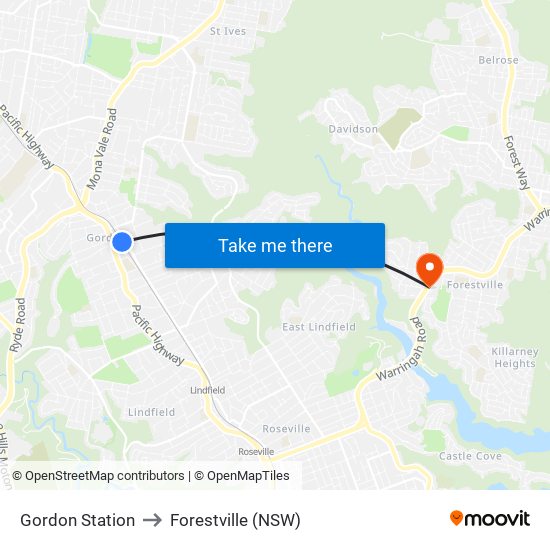Gordon Station to Forestville (NSW) map