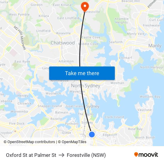 Oxford St at Palmer St to Forestville (NSW) map