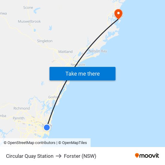 Circular Quay Station to Forster (NSW) map