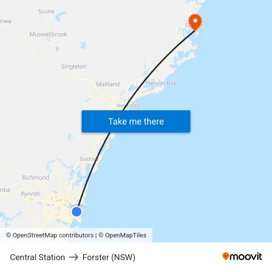 Central Station to Forster (NSW) map