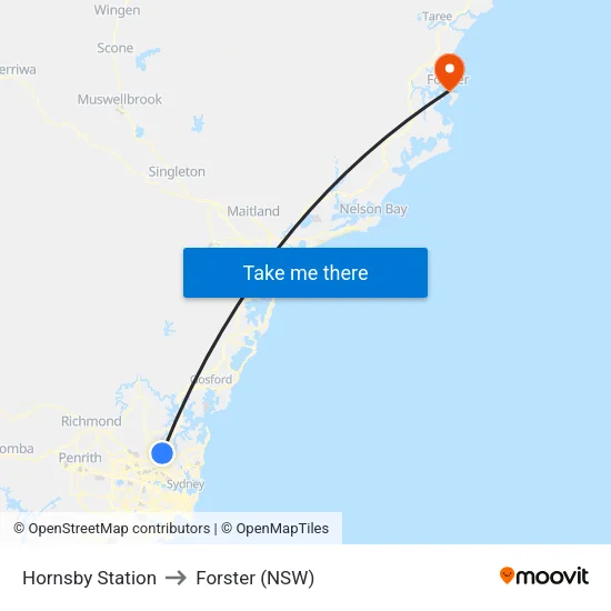 Hornsby Station to Forster (NSW) map