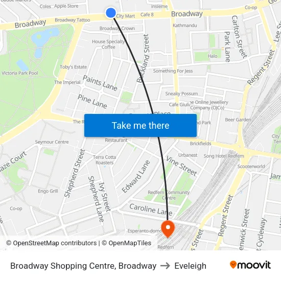 Broadway Shopping Centre, Broadway to Eveleigh map