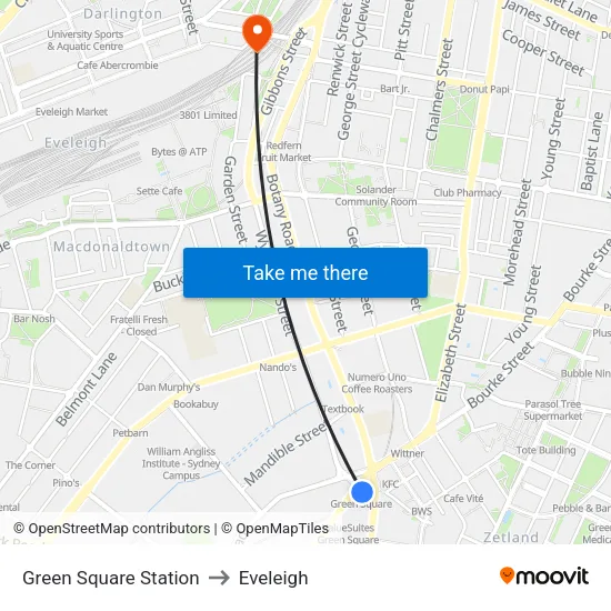 Green Square Station to Eveleigh map