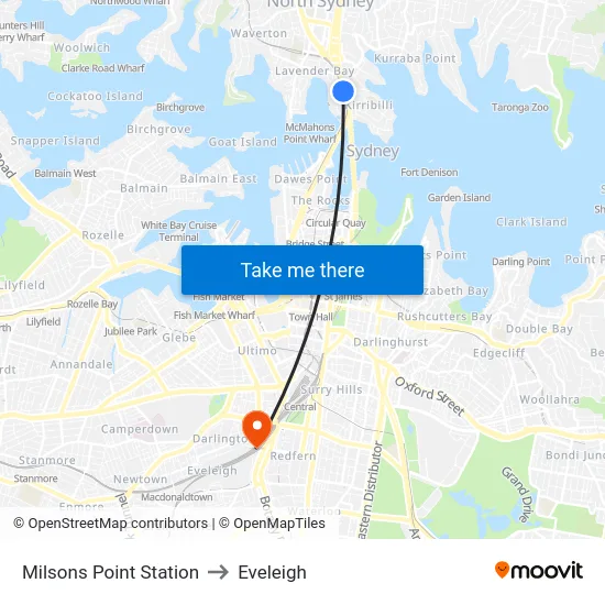 Milsons Point Station to Eveleigh map