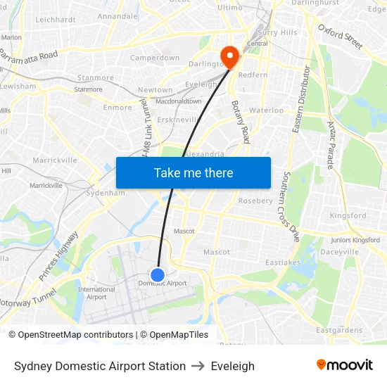 Sydney Domestic Airport Station to Eveleigh map