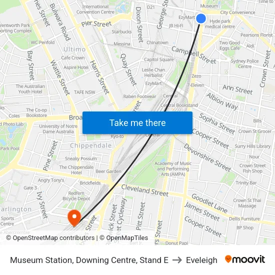 Museum Station, Downing Centre, Stand E to Eveleigh map
