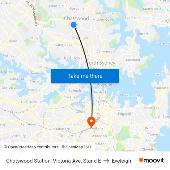 Chatswood Station, Victoria Ave, Stand E to Eveleigh map