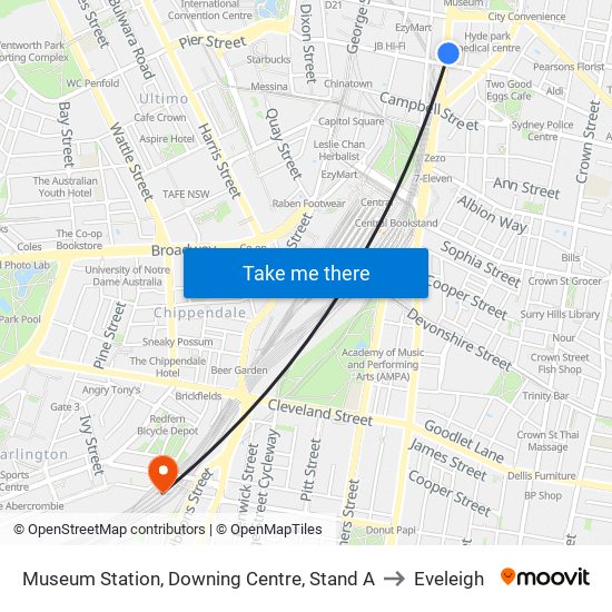 Museum Station, Downing Centre, Stand A to Eveleigh map