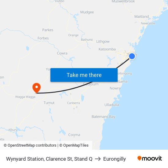 Wynyard Station, Clarence St, Stand Q to Eurongilly map