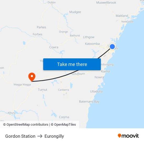 Gordon Station to Eurongilly map