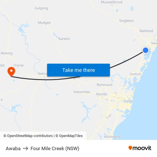 Awaba to Four Mile Creek (NSW) map