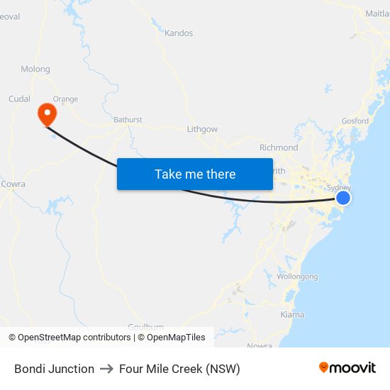 Bondi Junction to Four Mile Creek (NSW) map