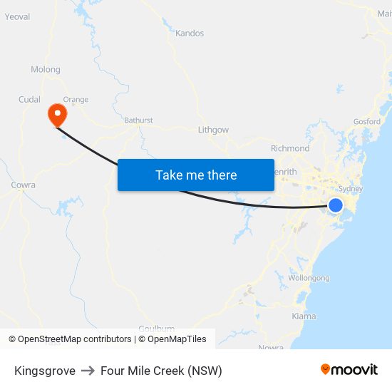 Kingsgrove to Four Mile Creek (NSW) map