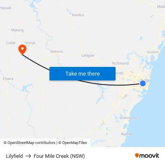 Lilyfield to Four Mile Creek (NSW) map