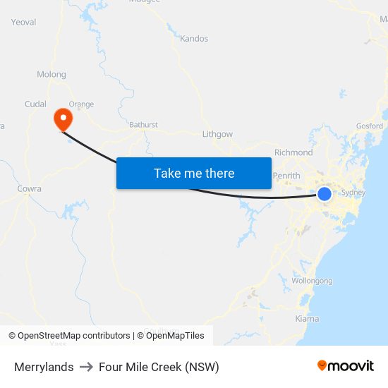 Merrylands to Four Mile Creek (NSW) map