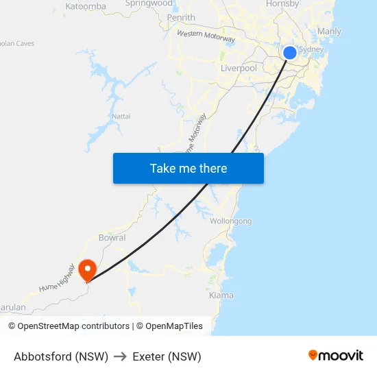 Abbotsford (NSW) to Exeter (NSW) map