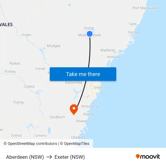 Aberdeen (NSW) to Exeter (NSW) map