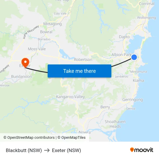 Blackbutt (NSW) to Exeter (NSW) map