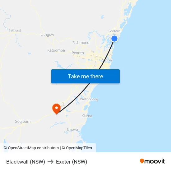 Blackwall (NSW) to Exeter (NSW) map
