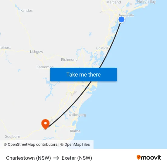 Charlestown (NSW) to Exeter (NSW) map