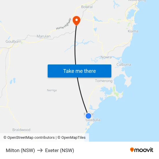 Milton (NSW) to Exeter (NSW) map
