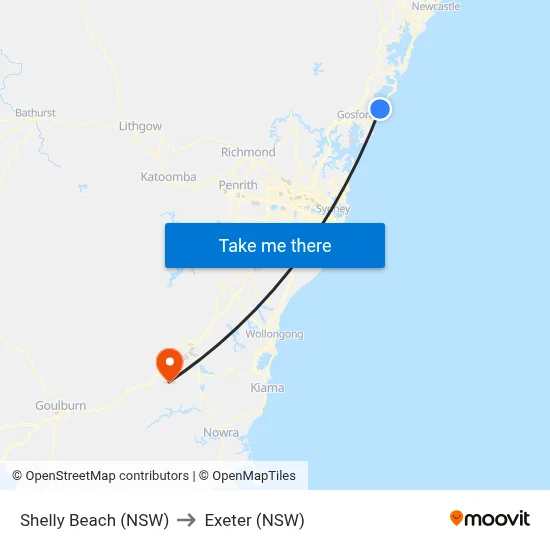 Shelly Beach (NSW) to Exeter (NSW) map
