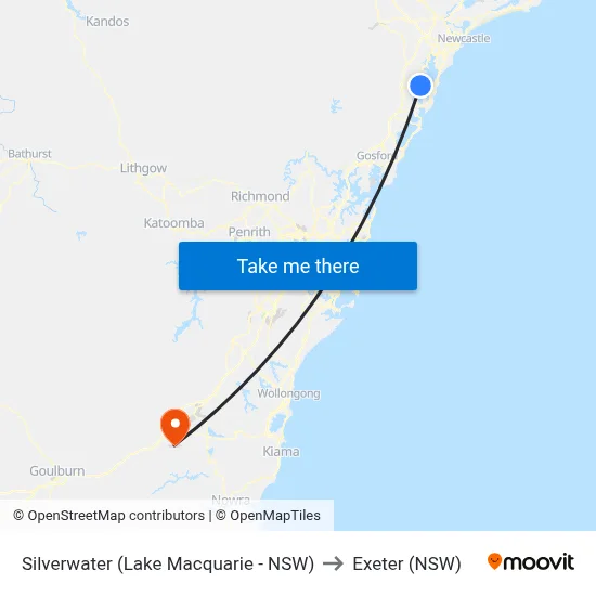 Silverwater (Lake Macquarie - NSW) to Exeter (NSW) map