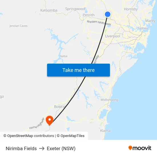 Nirimba Fields to Exeter (NSW) map