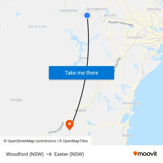 Woodford (NSW) to Exeter (NSW) map
