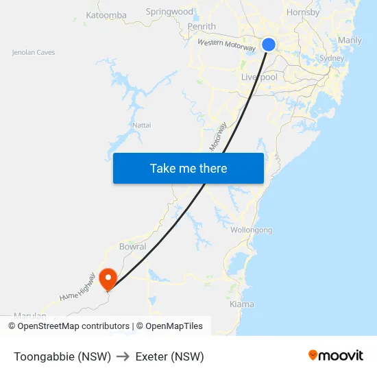 Toongabbie (NSW) to Exeter (NSW) map